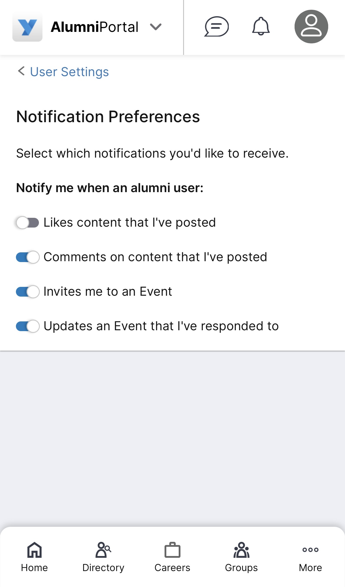 User Settings mobile toggle settings